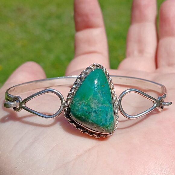 Vintage Sterling Silver & Chrysocolla Stone Hook Clasp Reygo 925 Mexico Bangle - Picture 4 of 13